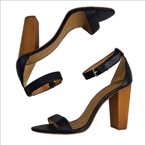 J. Crew Leather Navy Blue Open Toe Ankle Strap Wooden Block Heel Sandal